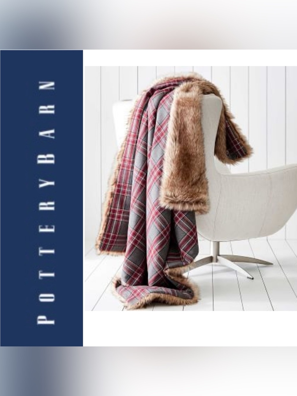 Pottery Barn Nottingham Faux Fur Plaid Throw Blanket